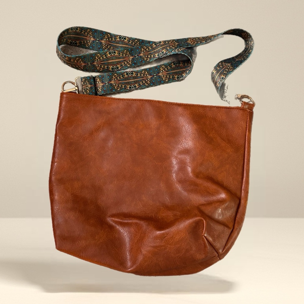 Brown Leather Shoulder Bag with Patterned Strap